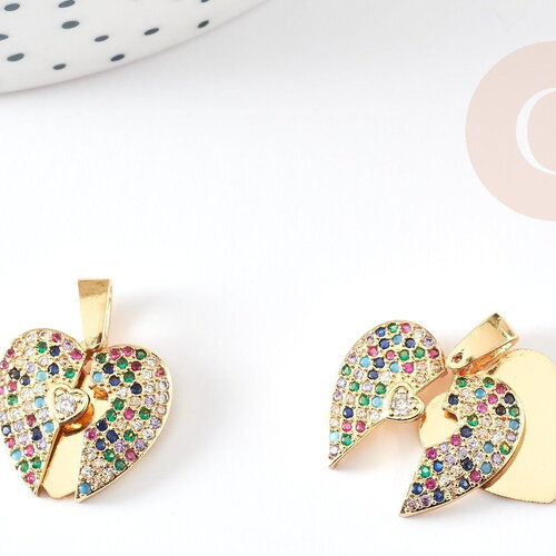 Pendentif coeur qui s'ouvre zircons coloré 16mm, x1 (g4744)