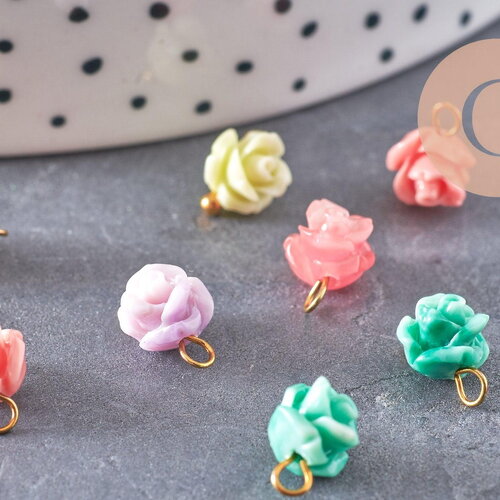 Pendentif fleur de rose résine multicolore support laiton doré 9x7mm, x10 (g4571)
