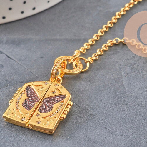 Collier pendentif locket papillon cuivre doré zircons , x1 (g11069)