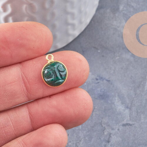 Pendentif visage de lune malachite naturelle argent 925 doré 18k 19mm, pendentif amulette pierre naturelle x1 (g9875)