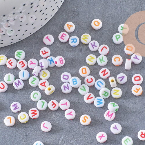 Perle ronde lettre alphabet plastique blanc lettre colorée, x 10gr (g4091)