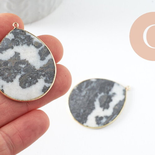 Pendentif goutte jaspe zebra naturel noir et blanc laiton doré 44mm, x1 (g9813)