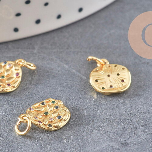 Pendentif médaille ronde laiton doré zircons coloré 13.6mm, un pendentif doré avec cristaux pour création bijoux, x1 (g6303)