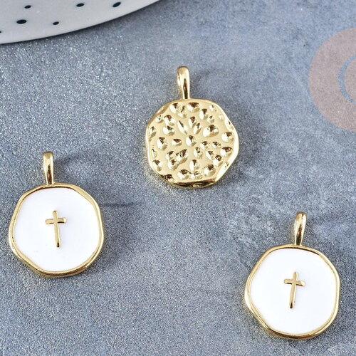 Pendentif médaille rond croix émail blanc laiton doré 18mm, x1 (g8548)