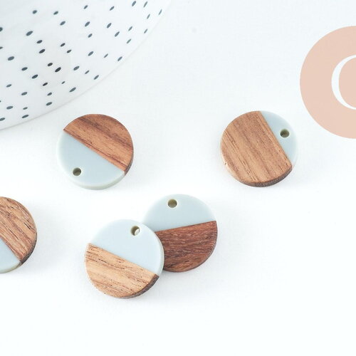 Pendentif disque bois résine grise 18mm, x5 (g2474)