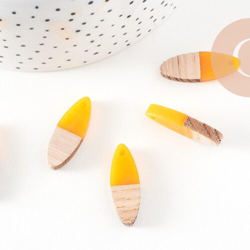 Pendentif ovale bois résine jaune, bois naturel,perle bois, perle géométrique,perle ovale,création bijoux bois,28mm, x5 g1524