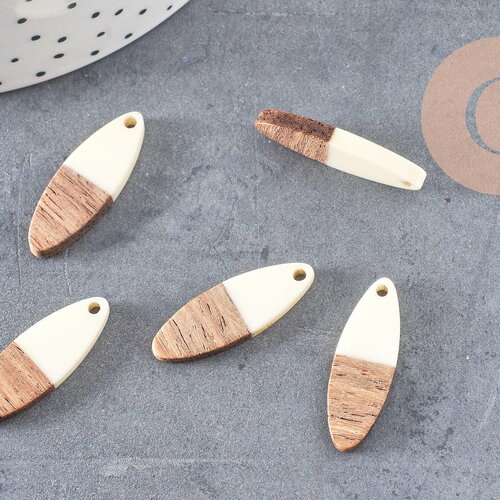 Pendentifs ovale bois résine blanche 28mm, création bijoux bois, x5 g1525