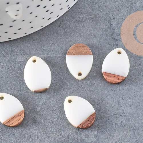 Pendentif goutte bois résine blanche 17.5mm, x5 (g1803)