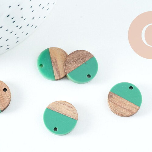 Pendentif disque bois résine verte 18mm, x5 g0329