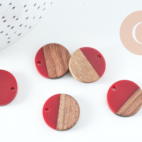 Pendentif disque bois résine rouge 18mm, création bijoux bois, x5 g0332