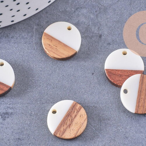 Pendentif disque bois résine blanche 18mm, x5 (g0330)