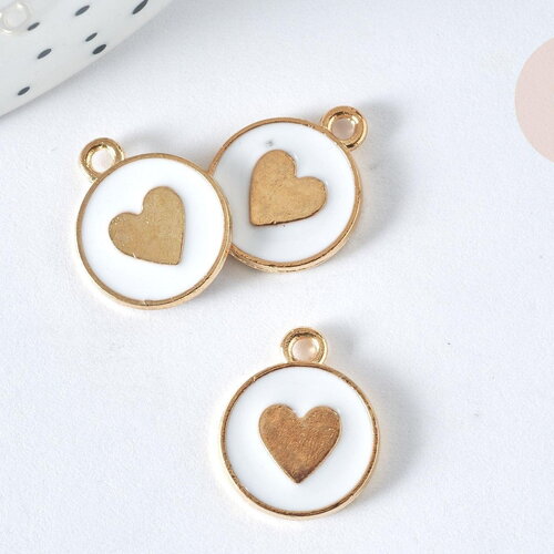Pendentif médaille rond cœur émail blanc zamac doré 16mm, création bijou amour, x1 (g7426)