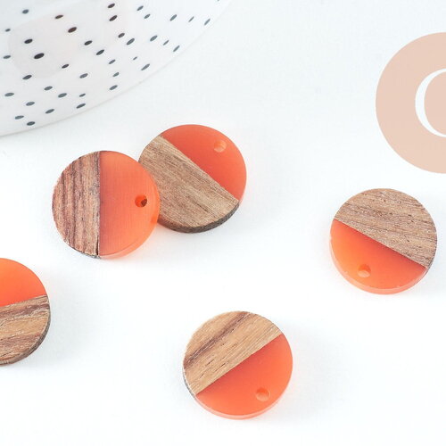 Perle disque bois résine orange corail 18mm,création bijoux bois x5, g3153