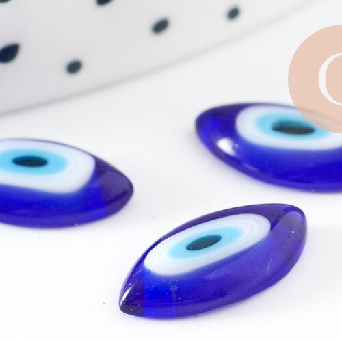 Cabochon marquise verre bleu mauvais oeil 14x7mm, x10 (g1963)