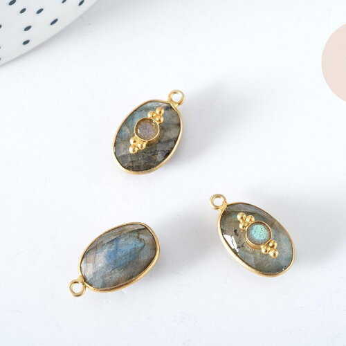 Pendentif ovale amulette labradorite argent 925 doré 18k 30mm, x1 (g7714)