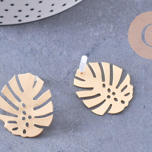 Boucles puces fer doré feuille monstera boucle 28mm, la paire (g1310)
