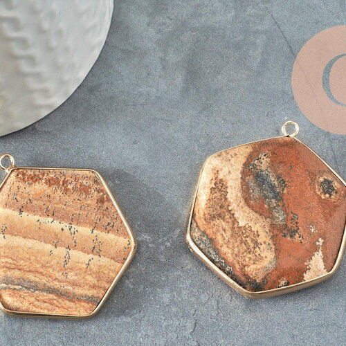 Pendentif hexagone jaspe paysage,pendentif pierre,pendentif collier,pierre naturelle,pendentif jaspe paysage naturel,45mm, x1 g2381