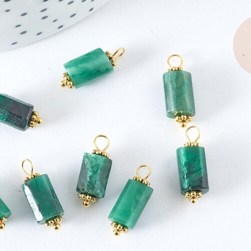 Pendentif tube colonne emeraude naturelle laiton doré verte 18mm, création bijoux pierre naturelle, x1 g7923