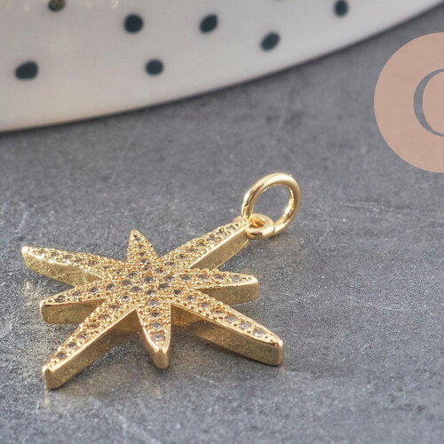 Pendentif étoile laiton doré cristal zircon 25mm, x1 (g0476)