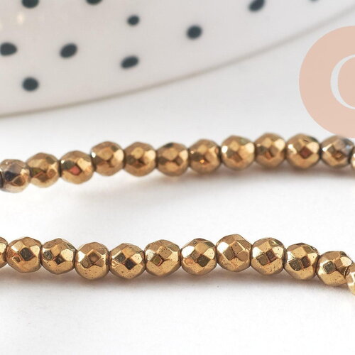 Perles ronde facettée hématite synthétique dorée 3mm, fil de 40cm x1 (g3683)