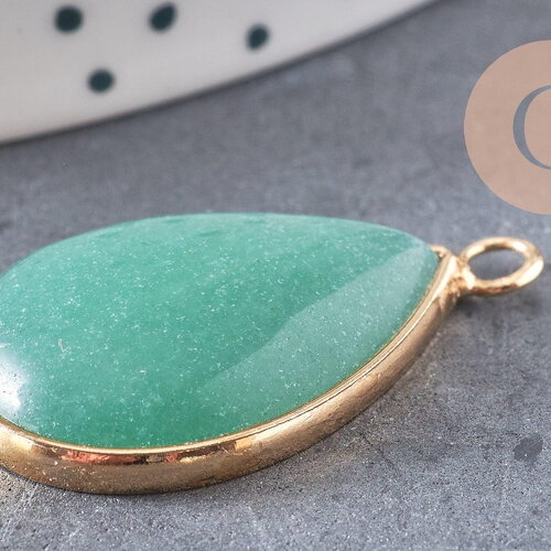 Pendentif goutte aventurine verte naturelle fer doré 31mm, x1 (g2333)