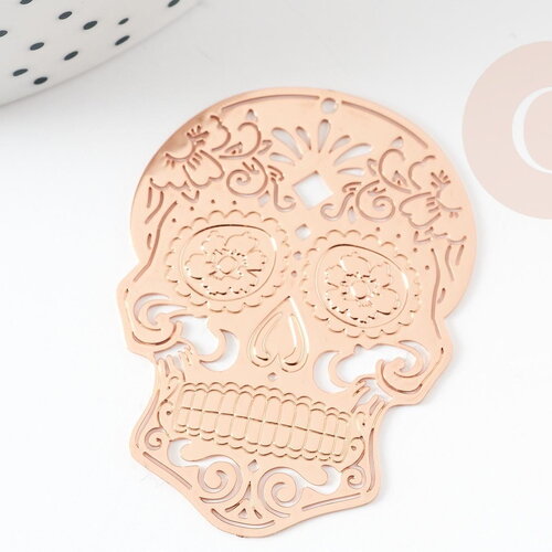 Pendentif estampe filigrane tête de mort laiton or rose, pendentif très fin et léger,46 x 34 mm, x2 (g3689)