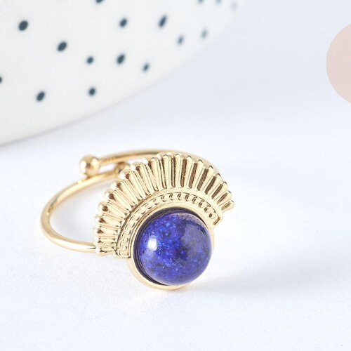 Bague réglable pierre de synthèse bleue acier inoxydable doré taille 54, x1 (g7023)