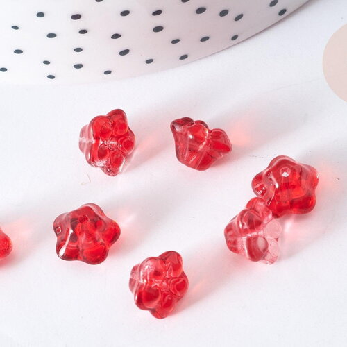 Perle fleur verre transparent rouge 10mm, perle verre fleur, perle artisanale verre, x20 (g7962)
