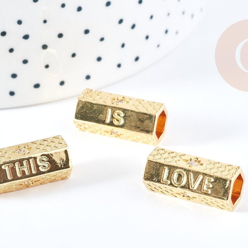 Perle tube talisman message this is love cristal laiton doré 21mm, perle dorée bijoux chance, x1 g7673