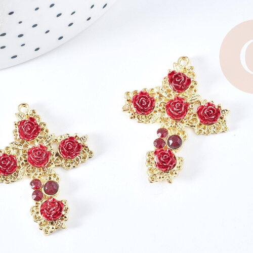 Pendentif croix roses rouge résine zamac doré 18k 37mm, x1 (g8558)