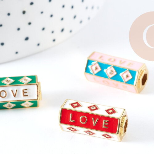 Perle tube talisman love émail coloré laiton doré 22mm, perle dorée bijoux chance, x1 g9062