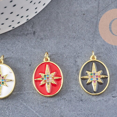 Pendentif ovale doré étoile émail résine 23mm,x1 (g5337)