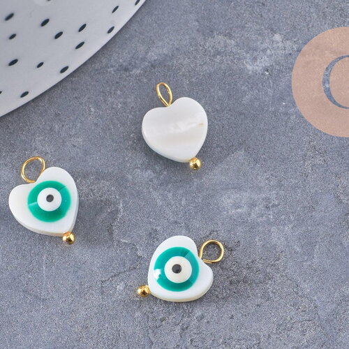 Breloque coeur nacre blanche mauvais oeil zamac turquoise doré 15mm, x2 (g10068)