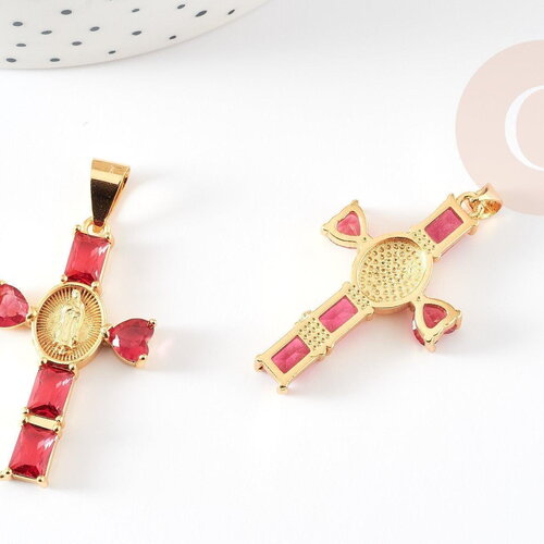 Pendentif grande croix laiton doré zircons rouges 39x23x4mm, x1 (g9172)