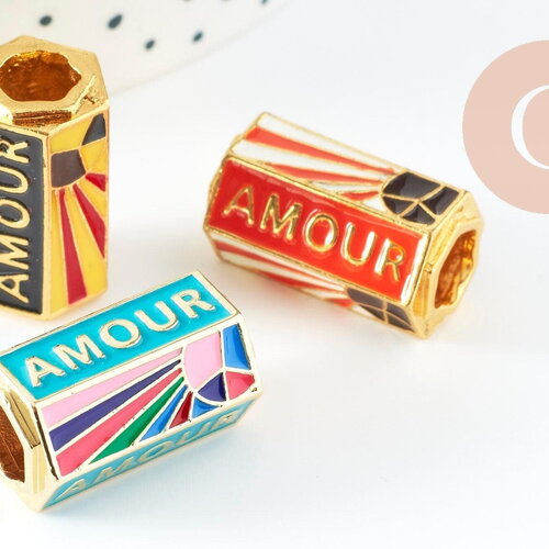 Perle tube talisman message "amour" émail coloré laiton doré 22mm, x1 (g9416)