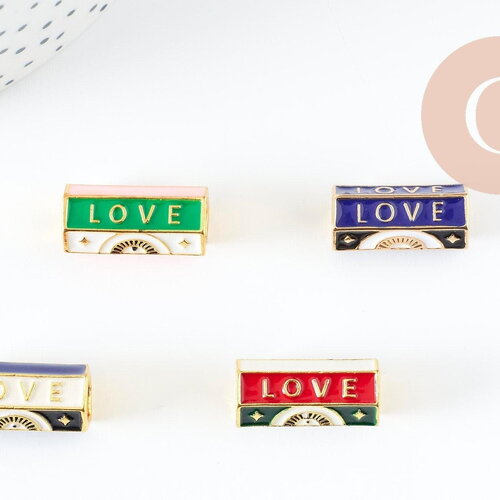 Perle tube talisman message "love" émail coloré laiton doré 21.5 mm, x1 (g9415)