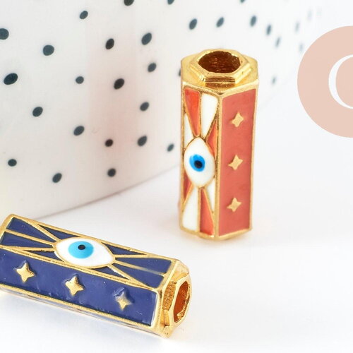 Perle tube talisman oeil protecteur émail coloré laiton doré 22mm, x1 (g9413)