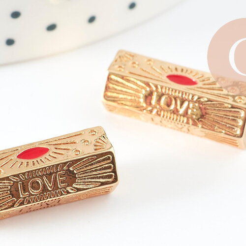 Perle tube talisman message love doré couleur rouge 21mm, perle dorée bijoux amour, x1 g9409