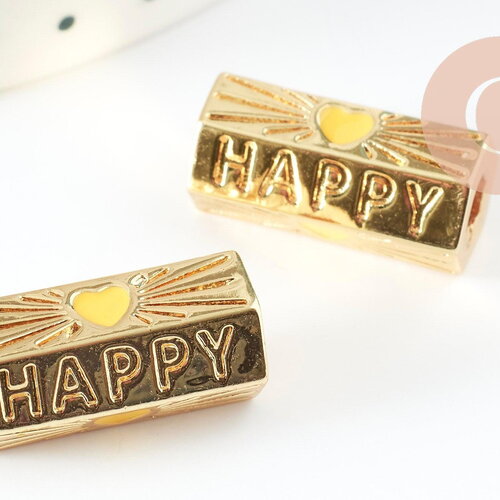 Perle tube talisman message happy coeur jaune doré 21mm, perle dorée bijoux amour, x1 g9432