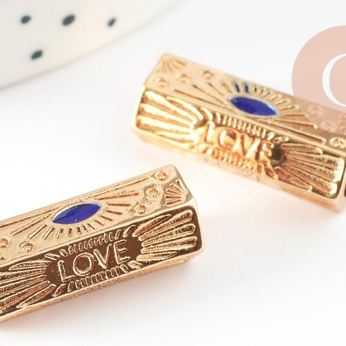 Perle tube talisman message love doré couleur bleu 21mm, perle dorée bijoux amour, x1 g9408