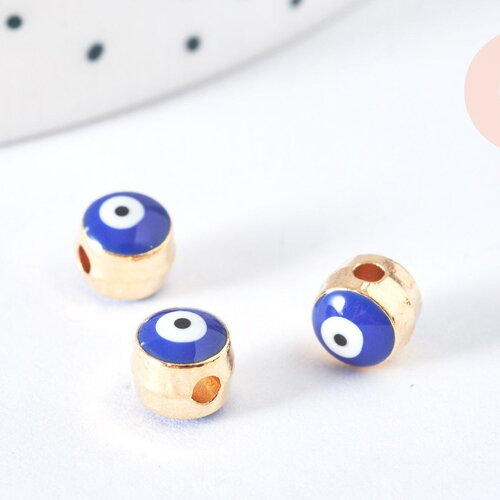 Perle mauvais œil doré émail bleu foncé laiton doré 5,5mm,chance, bijou mauvais oeil, x10 g7118