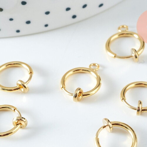 Anneaux créoles dorés pour oreilles non percées 15.5mm, la paire (g6355)