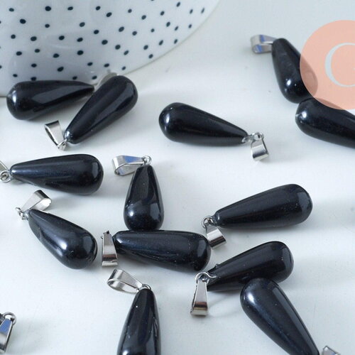 Pendentif goutte agate noire roulée roulée acier platine 30mm, pendentif pierre acier inoxydable pierre naturelle, x1 g6167
