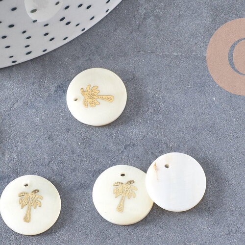 Pendentif rond nacre palmier, pendentif palmier,coquillage blanc naturel,16mm,1 trou, x 5 (g0833)