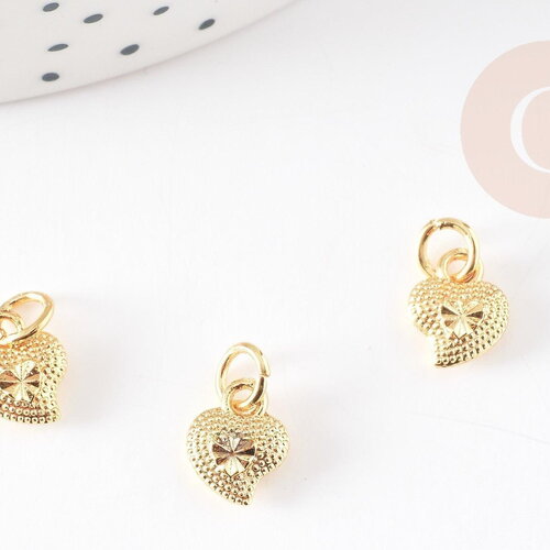 Pendentif coeur zamac doré,fournitures créatives, sans nickel,perle géométrique,9.5mm, x5 g7514