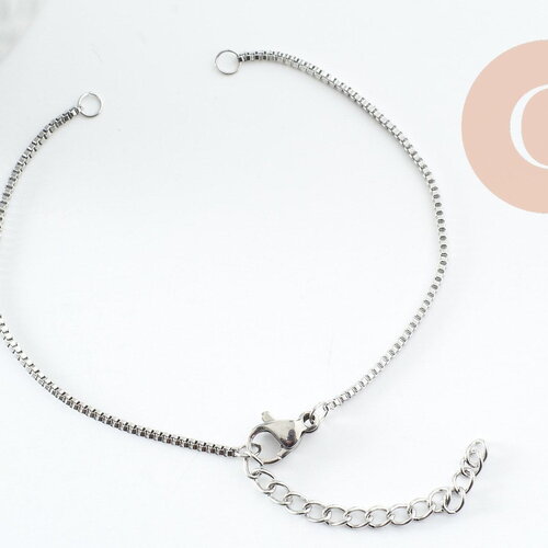 Base de bracelet chaine carré maille vénitienne acier 316 inoxydable platine 1mm-15.9cm, x1 (g9480)