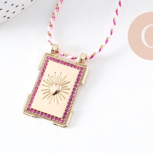 Collier médaille coeurs zircons fuchsia cordon tressé zamac doré 45cm x1 (g10364-8)