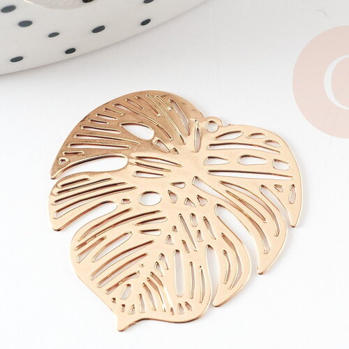Pendentif estampe filigrane feuille monsterosa laiton doré 32mm, x2 (g3690)