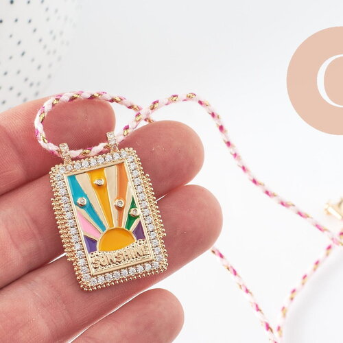 Collier médaille émaillée soleil multicolore zircon zamac doré, collier cordon tressé 45cm x1 (g9563)