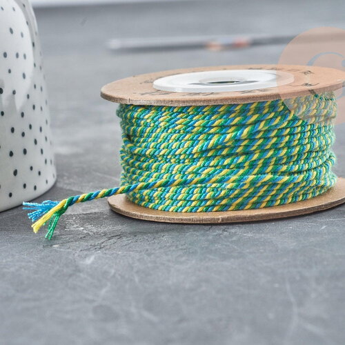 Cordon en coton tressé jaune bleu vert 1.2mm, cordon pour bijoux scrapbooking fabrication bijoux, x1mètre g9195
